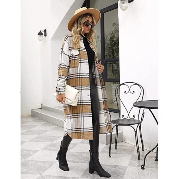 𝅺CASUAL Tan Plaid Button Down Long Puff Sleeve Trench Coat Jacket Shacket Wool - Picture 1 of 10